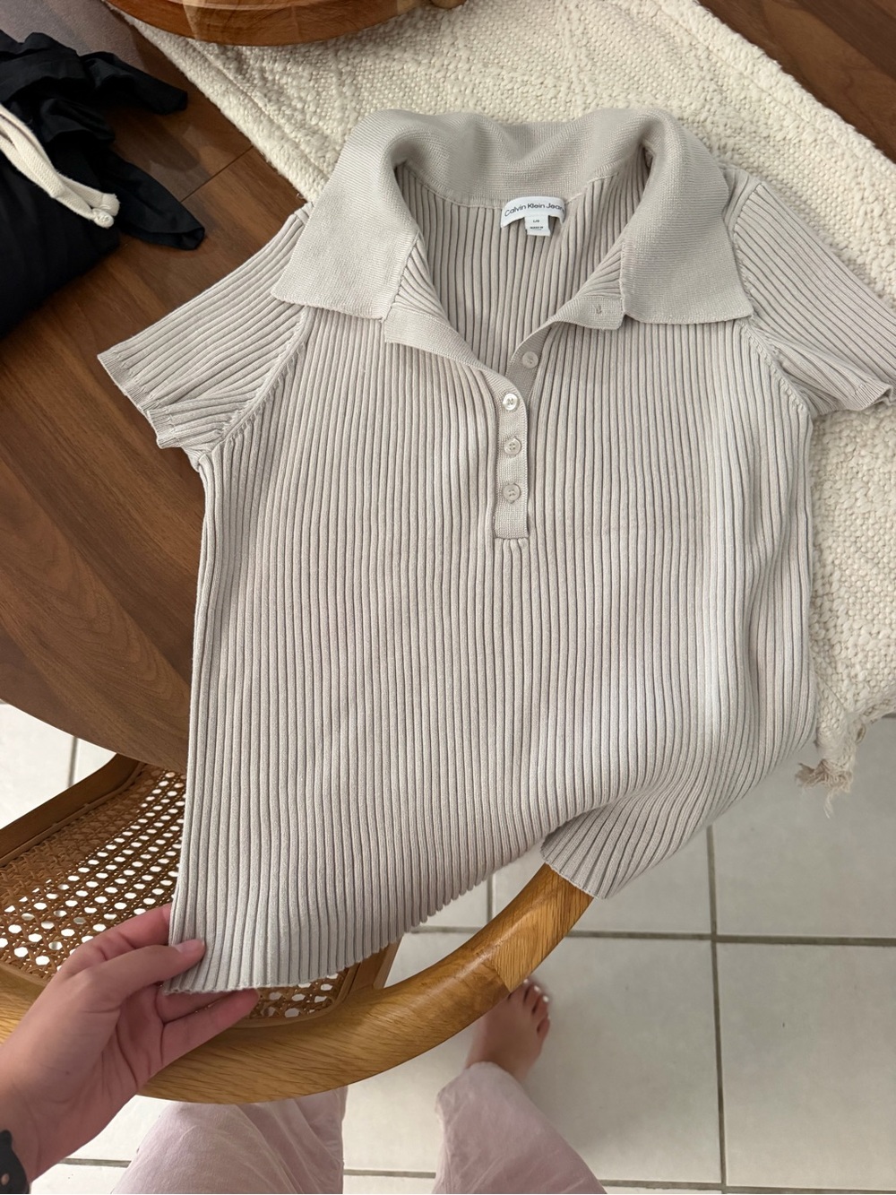 Calvin Klein Jeans Ribbed Button-Down Polo in Light Beige